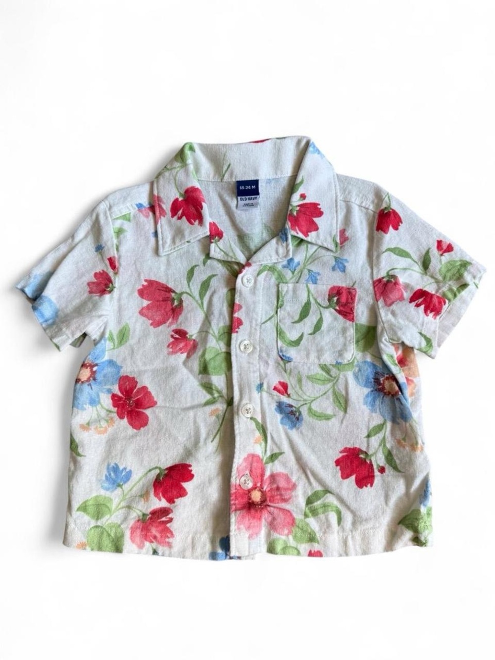 Old Navy White Floral Button-Down Shirt with Red & Blue Flowers